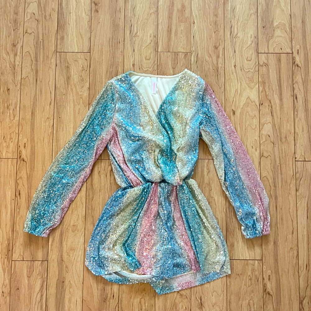 Love Song Women’s Rainbow Sequin Long Sleeve Romper